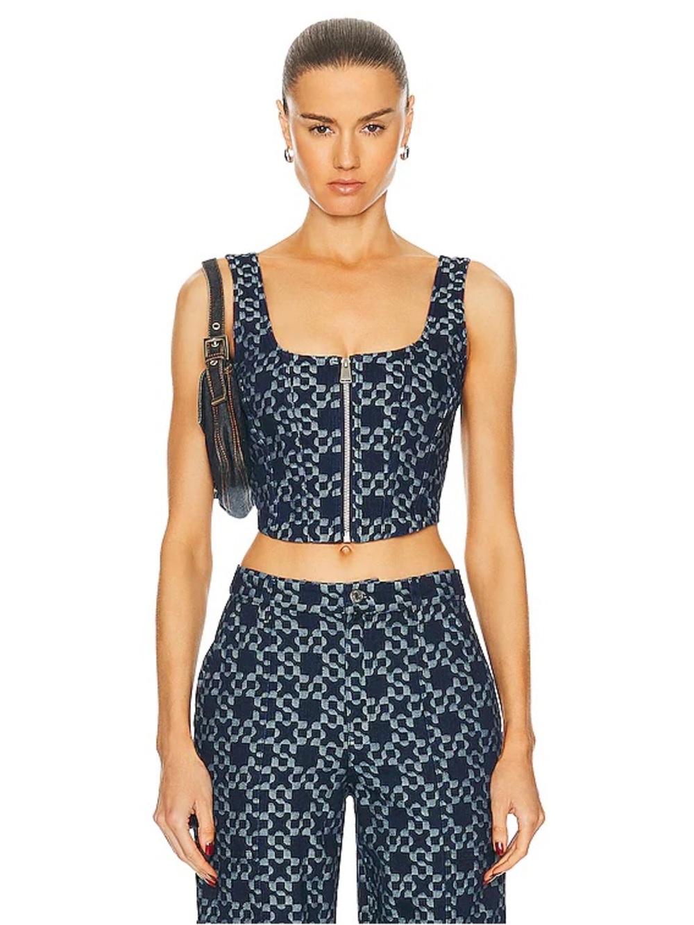 Navy Patterned Zip-Front Crop Top
